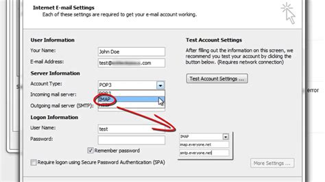 Settings for email client software (POP3